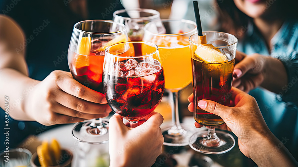 two glasses of champagne,hands holding cocktail glasses at bar restaurant - Young people having fun hanging out on weekend day - Food and beverage concept with guys and girls drinking alcohol together