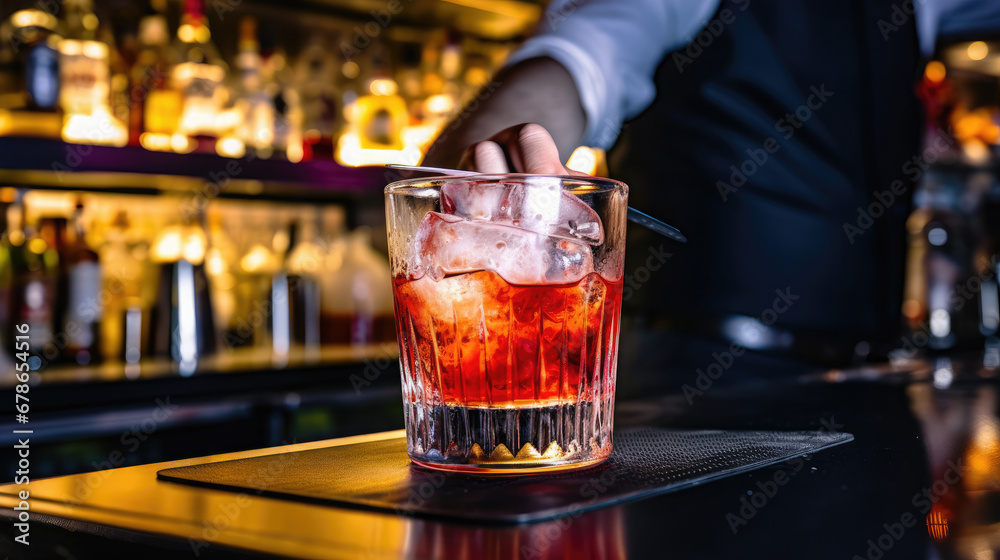 glass of whiskey on bar counter, Man bartender hand making negroni cocktail. Negroni classic cocktail and gin short drink with sweet vermouth, red bitter liqueur