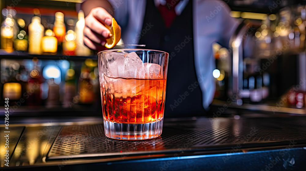 glass of whiskey on bar counter, Man bartender hand making negroni cocktail. Negroni classic cocktail and gin short drink with sweet vermouth, red bitter liqueur