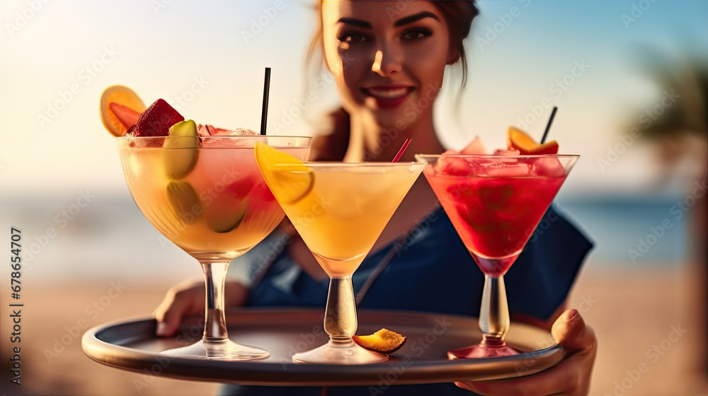 woman with cocktail, Waitress serving cocktails on the beach. Young woman in uniform serving cold drinks at a seashore in outdoor cafe or beach bar. Beach party, summer holidays and vacation concept.