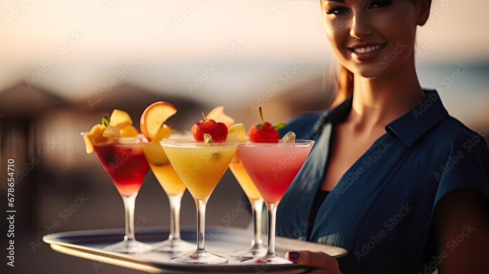 woman with cocktail, Waitress serving cocktails on the beach. Young woman in uniform serving cold drinks at a seashore in outdoor cafe or beach bar. Beach party, summer holidays and vacation concept.