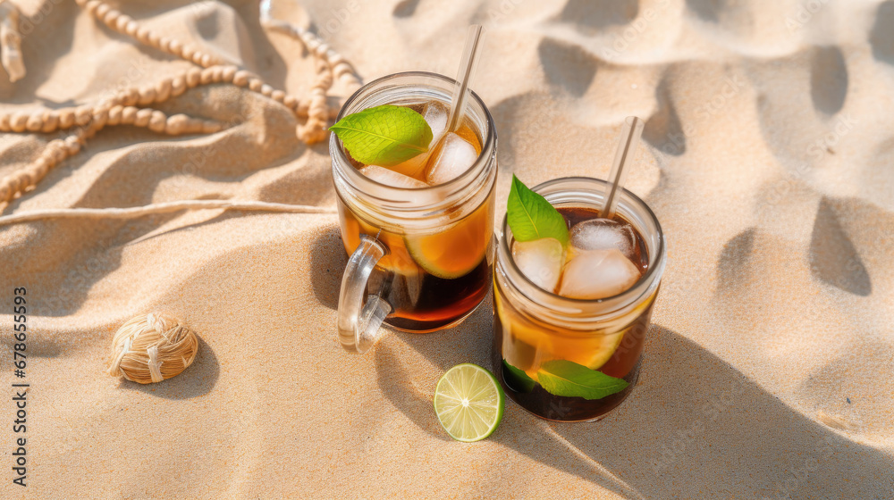 Glass and mason jar of cold Cuba Libre cocktail, seashells on sand beach