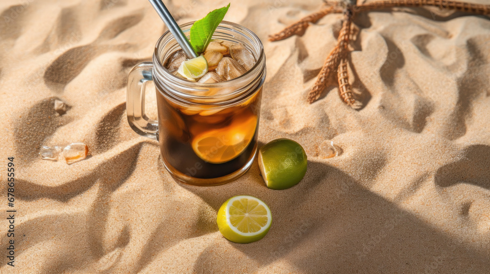 Glass and mason jar of cold Cuba Libre cocktail, seashells on sand beach