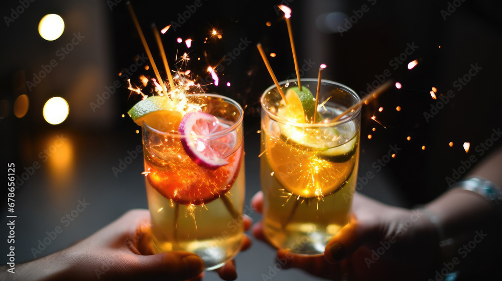 two glasses of champagne, Close-up of friends hands holding three bright delicious cocktails with sparklers. Fruit alcoholic or non-alcoholic beverages. New year party and holiday concept