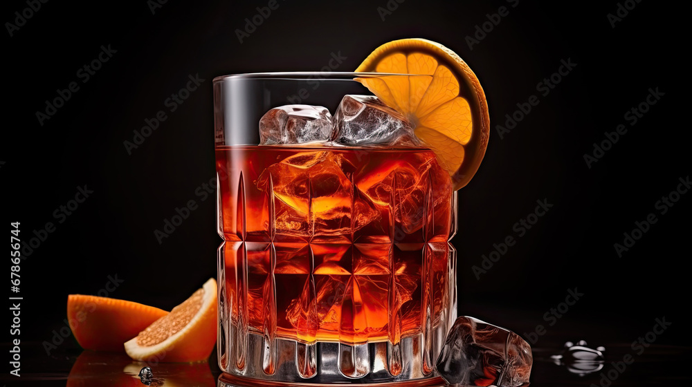 glass of cola with ice and lemon, Negroni Cocktail isolated on black background