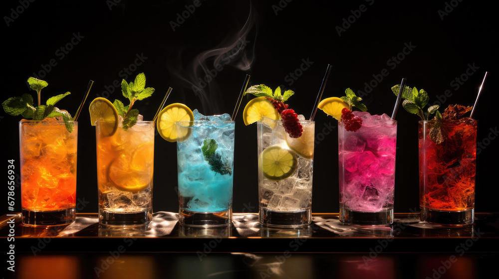 set of Alcoholic cocktails, Variety of alcoholic drinks and multi colored cocktails on the reflective surface of bar counter, Mixologists creativity in cocktail