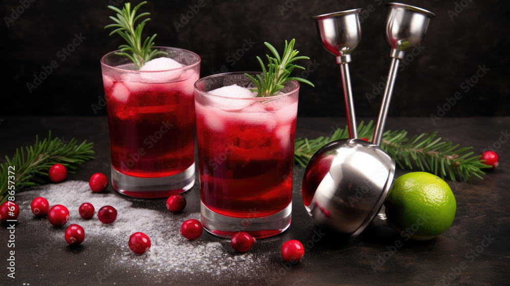 Red christmas cocktail with cranberries in a glasses.