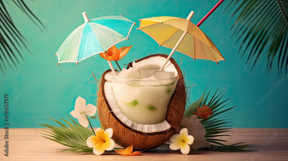 coconut cocktail on the beach,tropical cocktail with coconut, Tropical coconut juice cocktail drink.