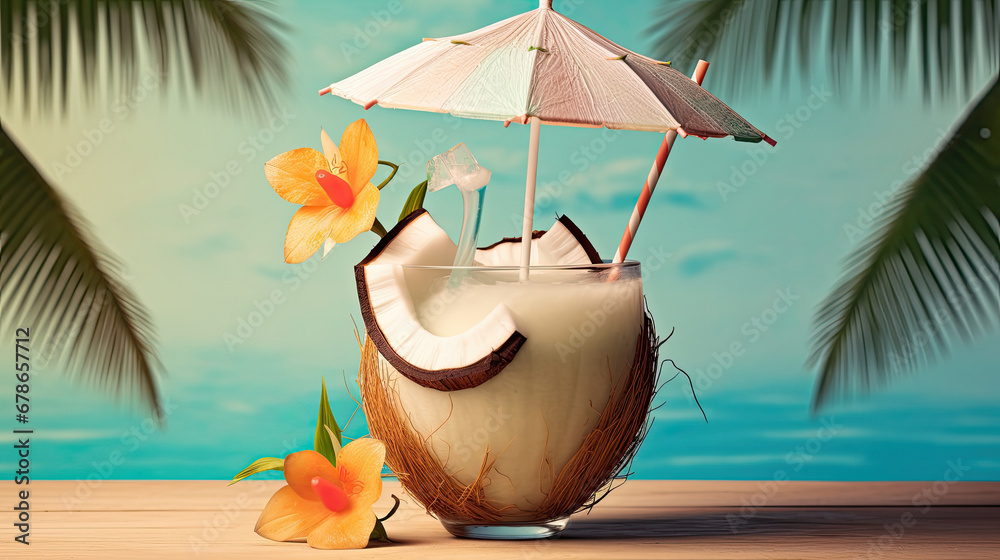 coconut cocktail on the beach,tropical cocktail with coconut, Tropical coconut juice cocktail drink.