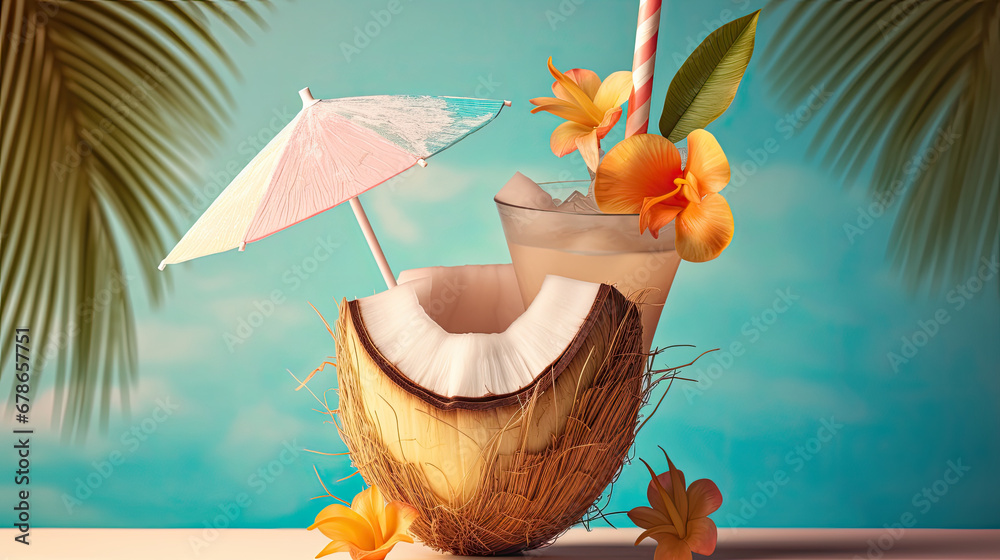 coconut cocktail on the beach,tropical cocktail with coconut, Tropical coconut juice cocktail drink.