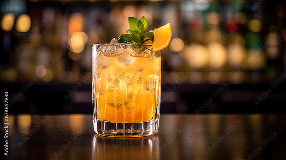 cocktail with lime, Mai tai cocktail on a bar counter with blurred background, 