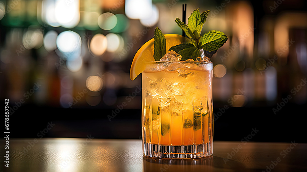 cocktail with lime, Mai tai cocktail on a bar counter with blurred background, 