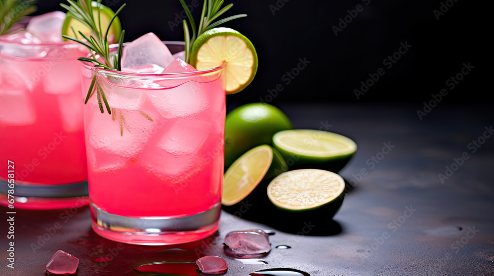 cocktail with lime and mint, mojito cocktail, Refreshing pink drink or cocktail with ice, garnished with a slice of lime and rosemary.