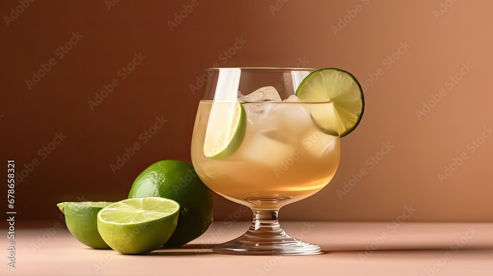 cocktail with lime, Ti punch alcoholic cocktail with agricole white rum, sugar syrup and lime, traditional Caribbean drink. on brown background