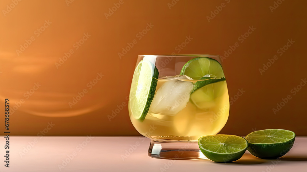 cocktail with lime, Ti punch alcoholic cocktail with agricole white rum, sugar syrup and lime, traditional Caribbean drink. on brown background