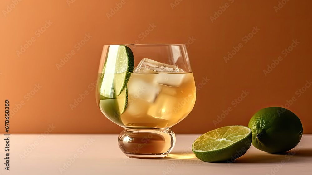 cocktail with lime, Ti punch alcoholic cocktail with agricole white rum, sugar syrup and lime, traditional Caribbean drink. on brown background