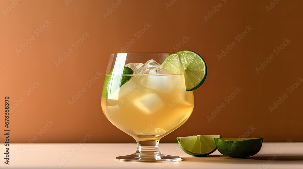 cocktail with lime, Ti punch alcoholic cocktail with agricole white rum, sugar syrup and lime, traditional Caribbean drink. on brown background