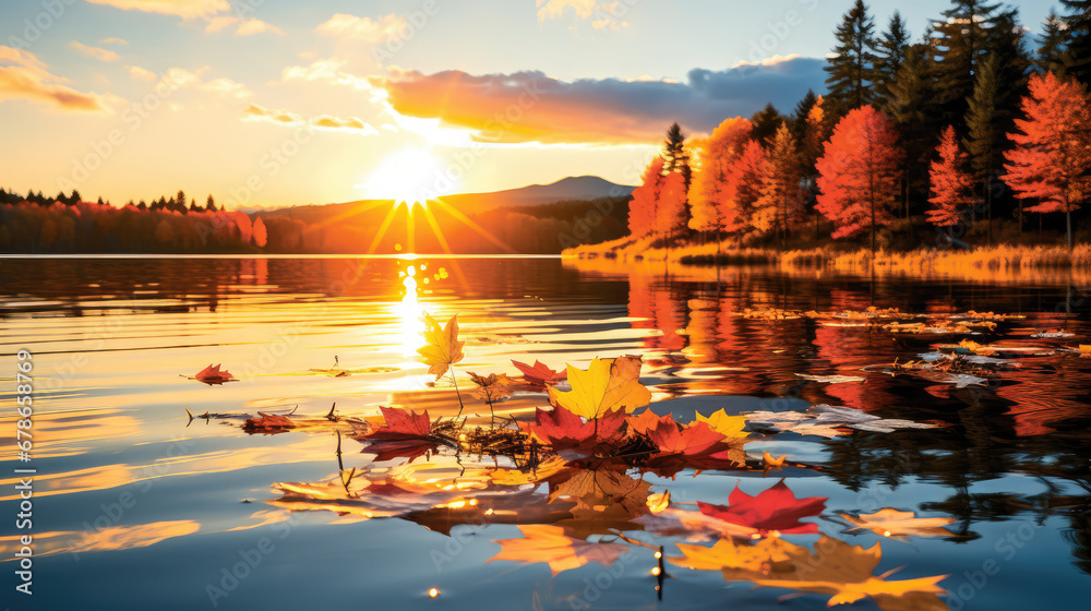 sunset over lake Fail foilage autumn landscape with lake and trees