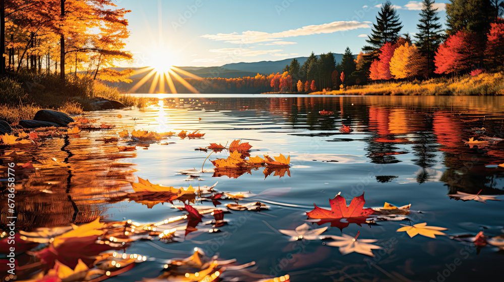 sunset over lake Fail foilage autumn landscape with lake and trees