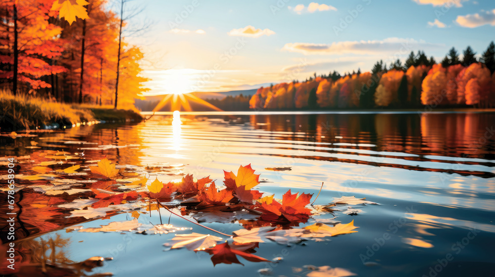 sunset over lake Fail foilage autumn landscape with lake and trees