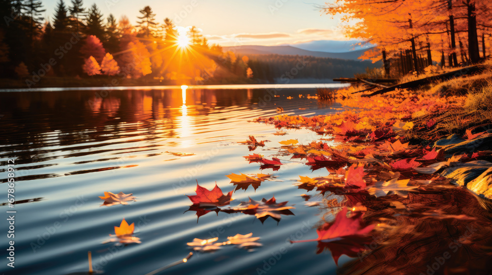 sunset over lake Fail foilage autumn landscape with lake and trees