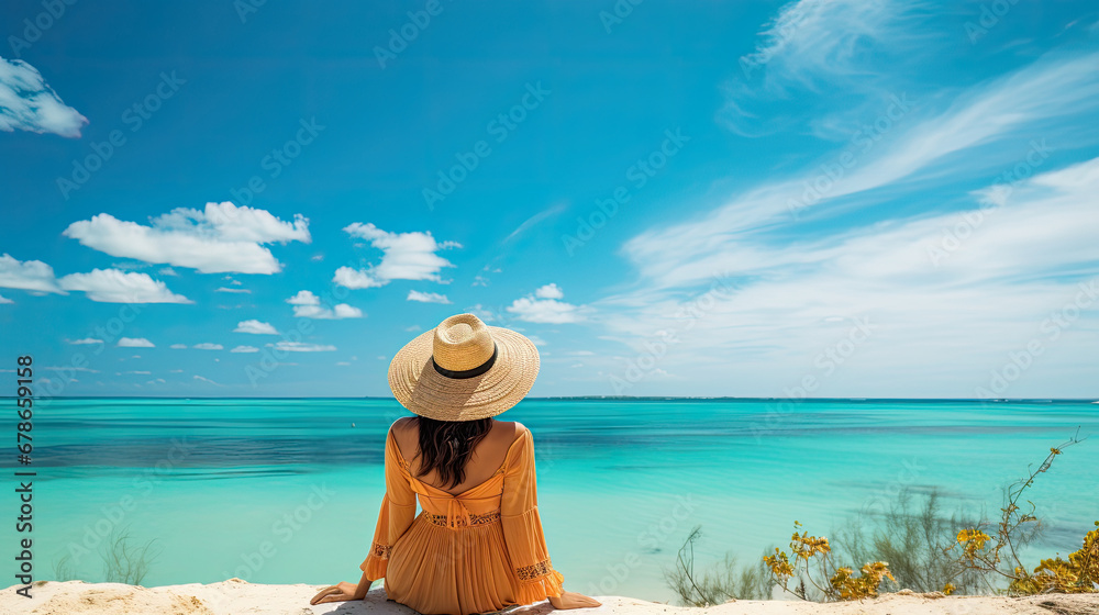 woman drinking cocktail on the terrace beach, Woman relaxing at the beach, drinking cocktails, looking beach