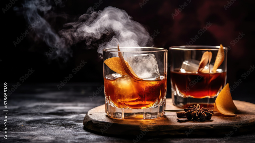 glass of whiskey with ice, Whiskey cocktail with a smoky finish.