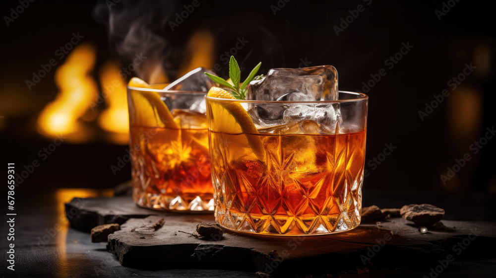 glass of whiskey with ice, Whiskey cocktail with a smoky finish.