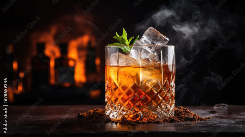 glass of whiskey with ice, Whiskey cocktail with a smoky finish.