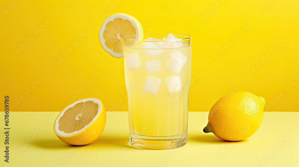 yellow  lemonade drink or cocktail with ice on yellow , rosemary and lemon slices on pastel light green surface. Fresh healthy cold lemon beverage. Water with lemon.lemon and lime Summer refreshing