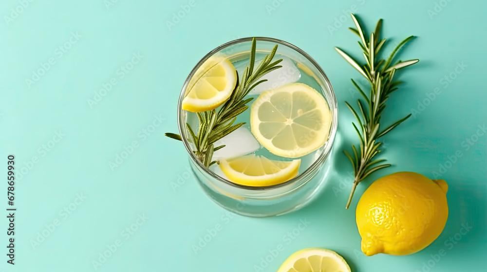  lemonade drink or cocktail with ice on green background, rosemary and lemon slices on pastel light green surface. Fresh healthy cold lemon beverage. Water with lemon.lemon and lime Summer refreshing