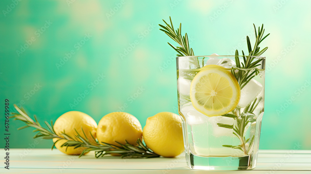  lemonade drink or cocktail with ice on green background, rosemary and lemon slices on pastel light green surface. Fresh healthy cold lemon beverage. Water with lemon.lemon and lime Summer refreshing