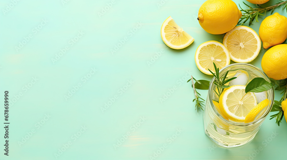  lemonade drink or cocktail with ice on green background, rosemary and lemon slices on pastel light green surface. Fresh healthy cold lemon beverage. Water with lemon.lemon and lime Summer refreshing