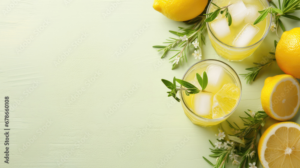  lemonade drink or cocktail with ice on green background, rosemary and lemon slices on pastel light green surface. Fresh healthy cold lemon beverage. Water with lemon.lemon and lime Summer refreshing