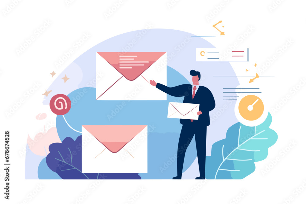 Concept of communication with clients/customers through email, subscription newsletter automation, online advertising and mailing list services. Professional businessman hero delivering a envelope.