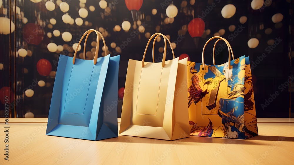 Colorful empty shopping bags for sale, representing the concept of retail therapy, purchasing gifts, and enjoying a shopping spree during a sale season.