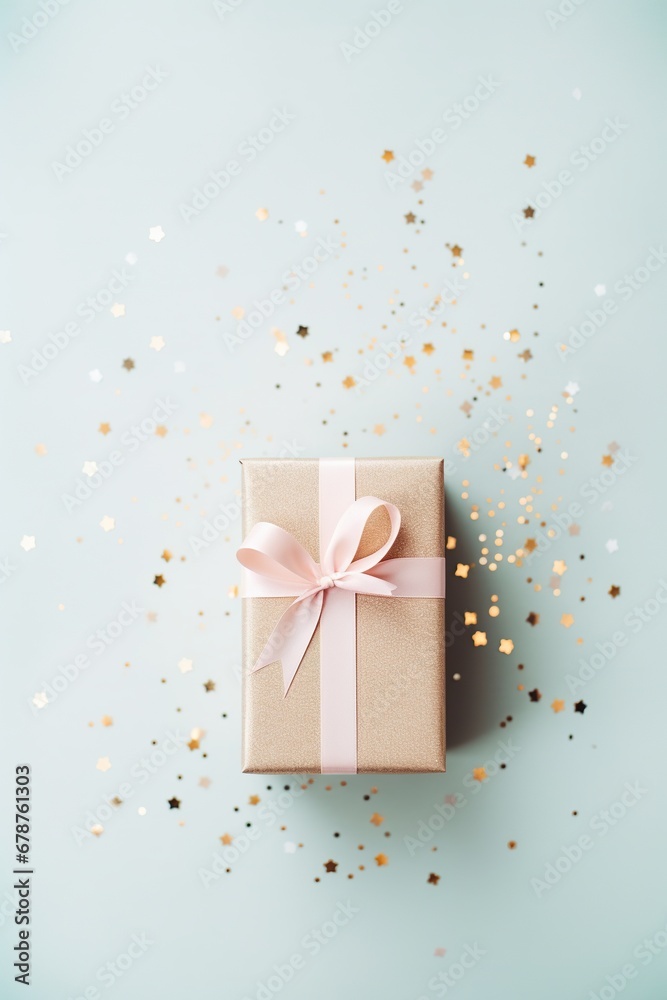 Pastel toned gift box and confetti on coloured background.