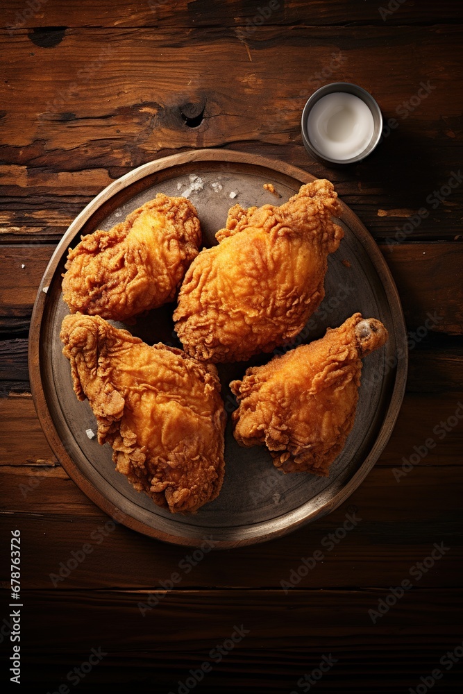 Overhead fried chicken on wooden table top.