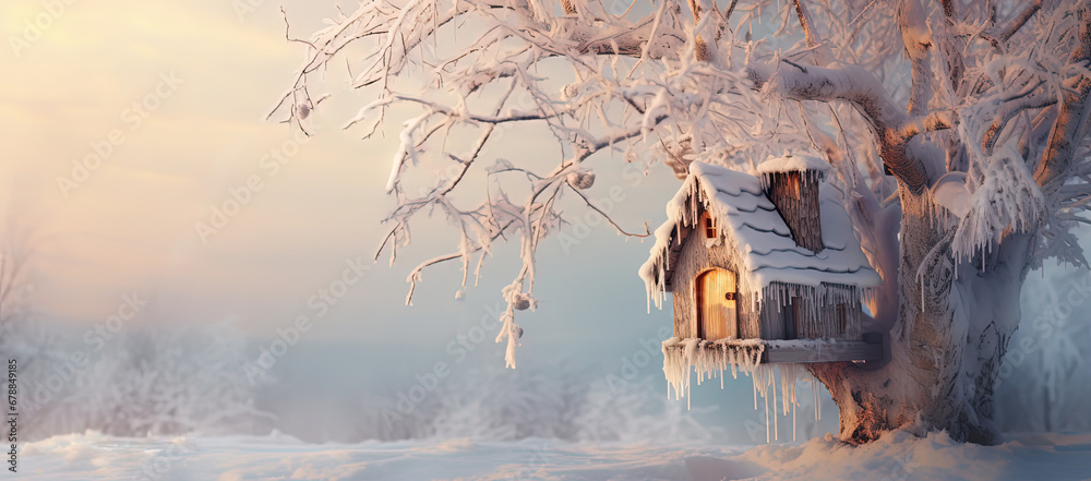 birdhouse wooden box nest in winter forest covered with white snow, romantic winter background, Generative Ai