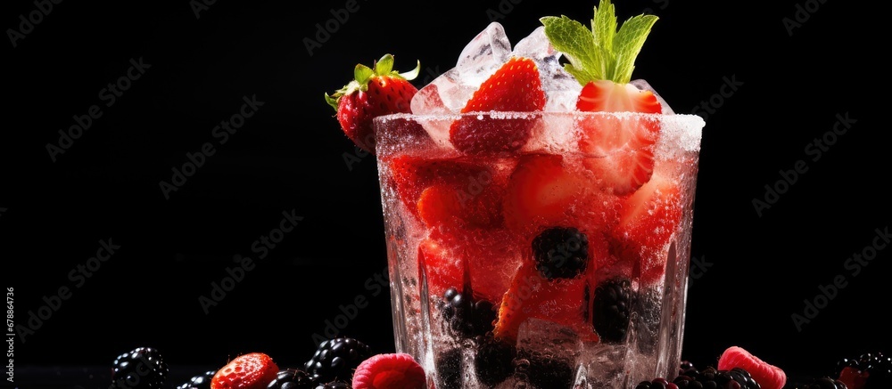 On a hot summer day the restaurant served a refreshing cocktail consisting of crushed ice fresh strawberries and blackberries garnished with a slice of strawberry on the rim of a glass