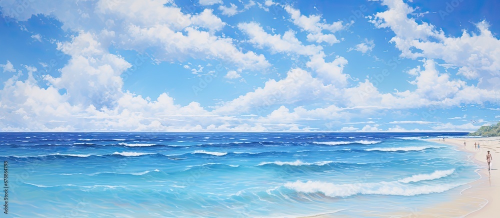 In the idyllic summer landscape the sky painted a mesmerizing shade of blue the sun shone brightly reflecting its radiance on the calm sea creating a breathtaking scene of beauty and tranqu