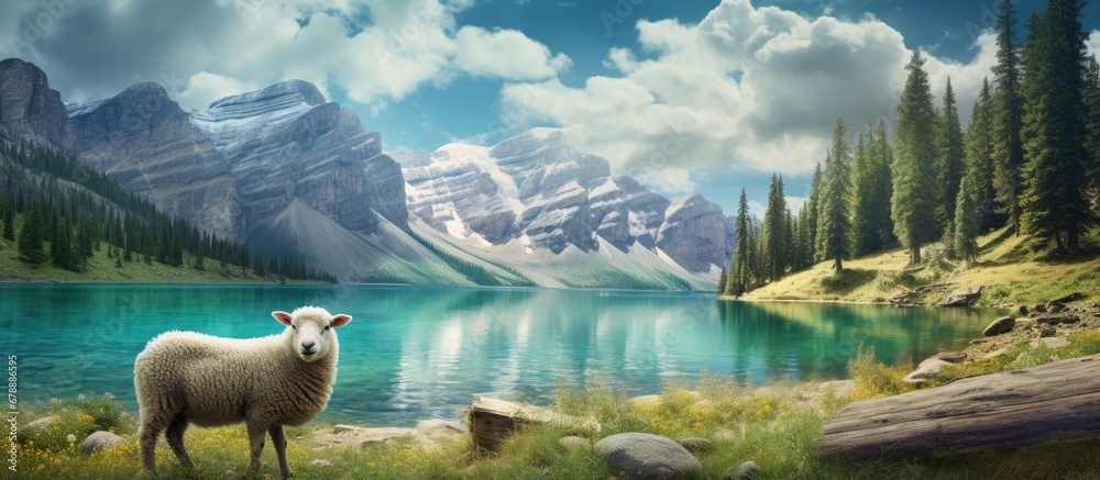 summer amidst the stunning Banff mountains and lush forests wildlife abounds as sheep graze peacefully near the refreshing water under the vast sky blanketed with fluffy clouds while a baby