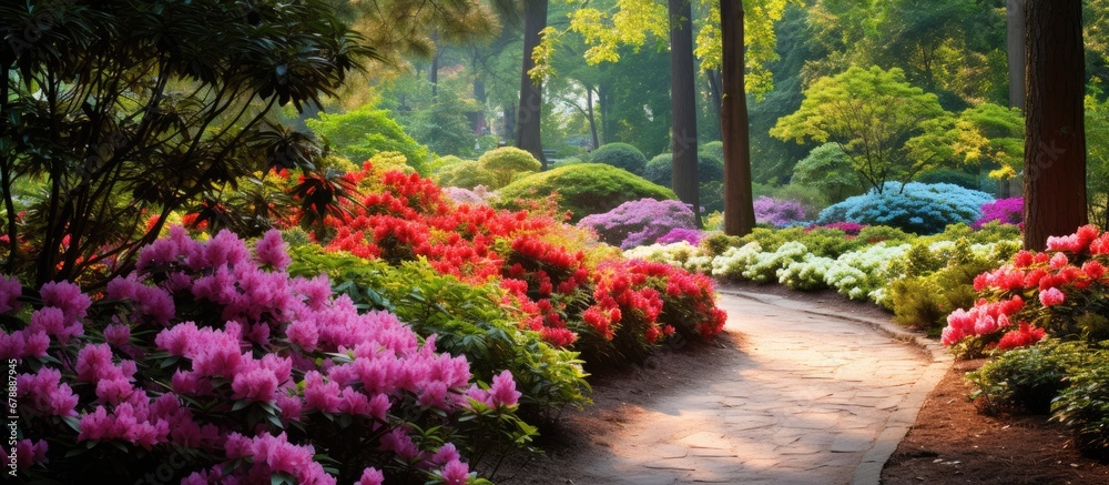 In the park among the lush garden vibrant flowers burst forth with colorful petals showcasing natures beauty through their leaves and blooming with a kaleidoscope of hues captivating all who