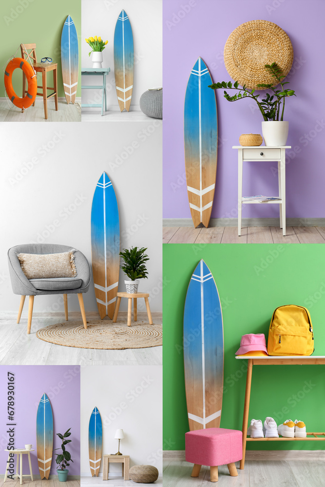 Collage with surfboards in interiors of rooms