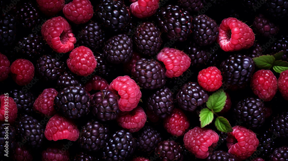 Organic raspberries and blackberries overhead view