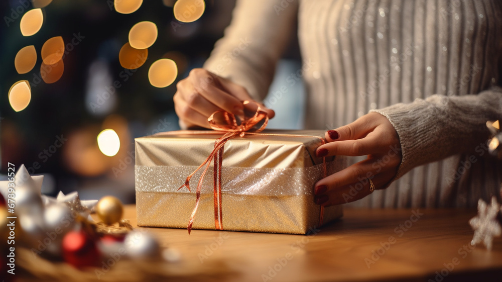 A gift shop owner wrapping a Christmas present