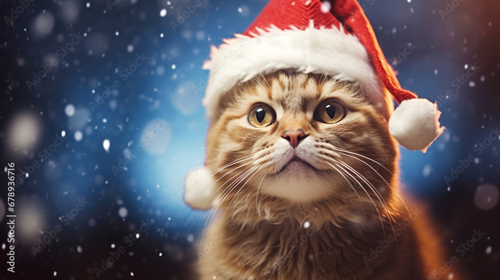 A cat wearing a red Santa hat costume