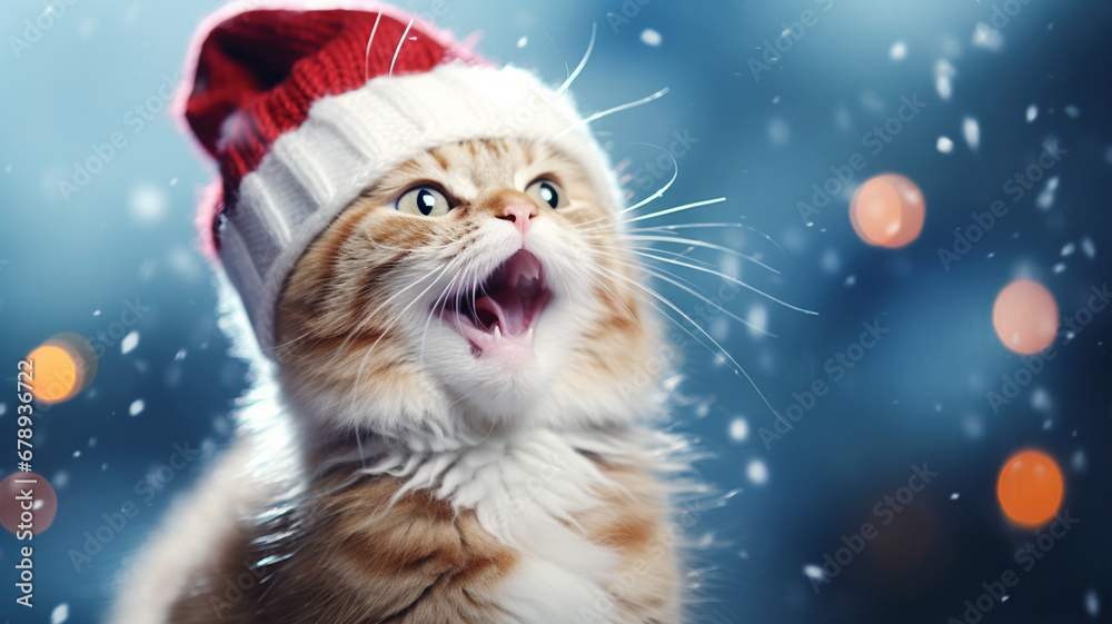 A cat wearing a red Santa hat costume