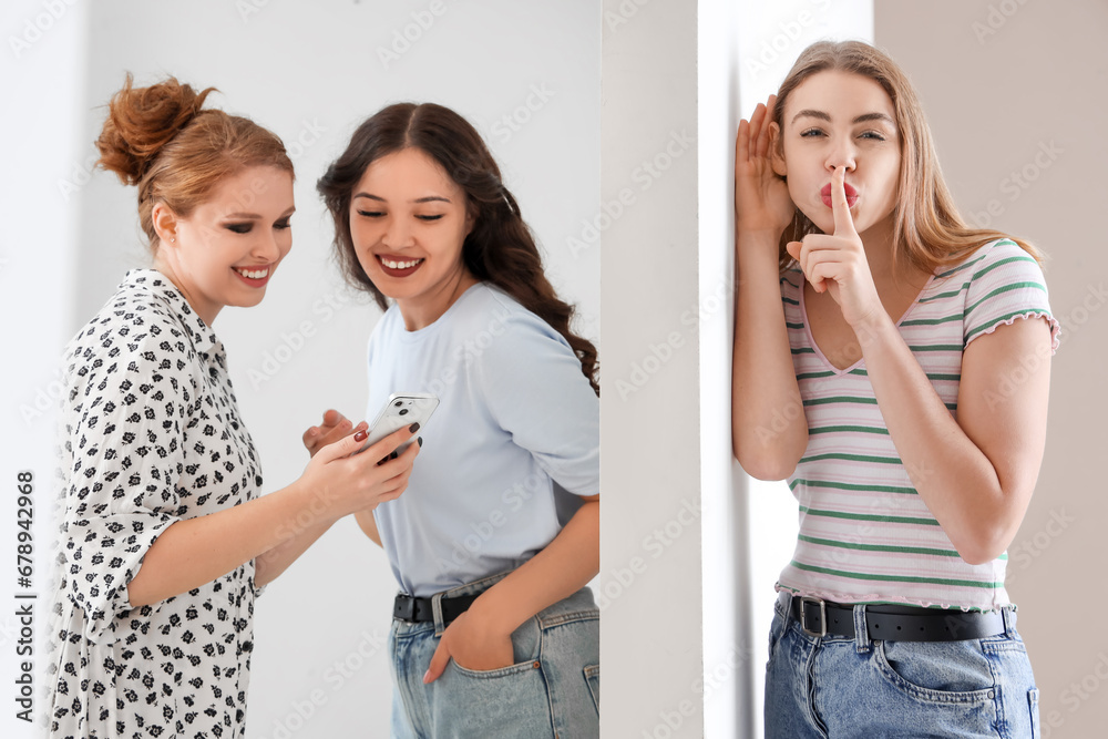 Young gossip woman eavesdropping on her neighbours at home