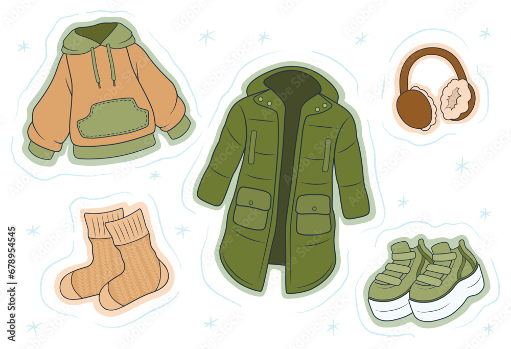 Collage of stylish winter clothes on white background